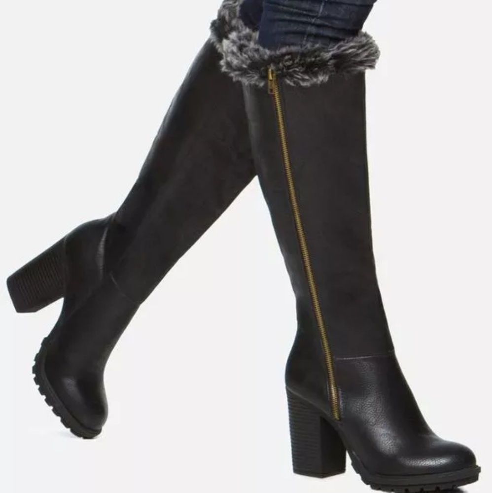 Leila Stone Vegan Leather and Fur Heeled Boots